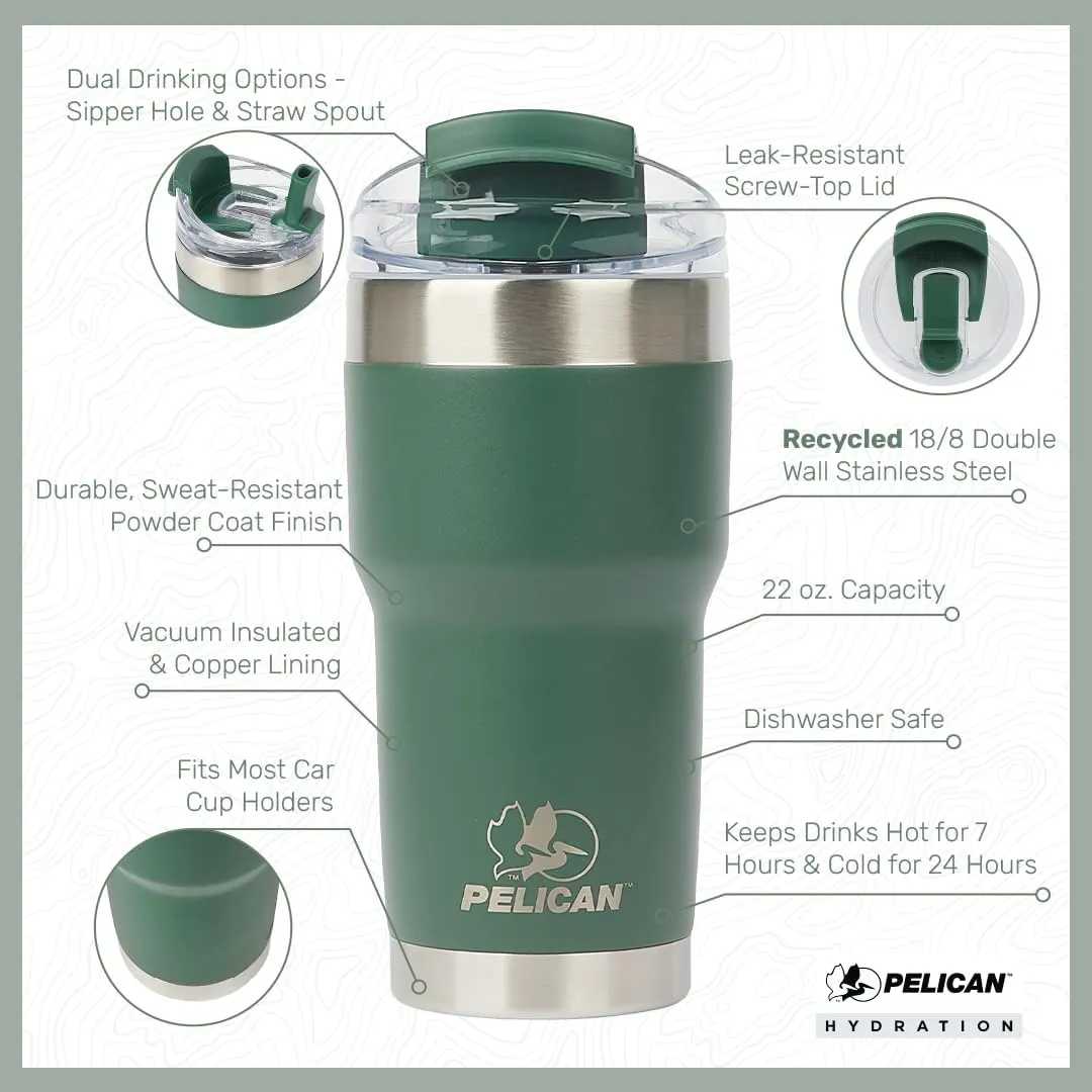 Pelican Hydration Pelican Traveler™ 22 oz Vacuum Insulated Tumbler - Stainless Steel Double Wall Travel with Dual Lid, Powder Coated Insulated Coffee Mug For Hot Cold Drinks, Breeze