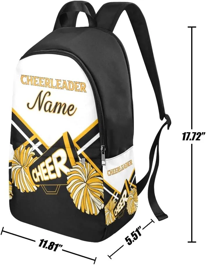 Personalized Cheerleader White Gold & Black Backpack with Name Custom Travel Daypack Bag for Man Woman Gifts