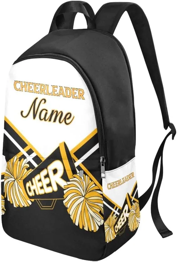 Personalized Cheerleader White Gold & Black Backpack with Name Custom Travel Daypack Bag for Man Woman Gifts