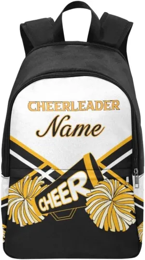 Personalized Cheerleader White Gold & Black Backpack with Name Custom Travel Daypack Bag for Man Woman Gifts