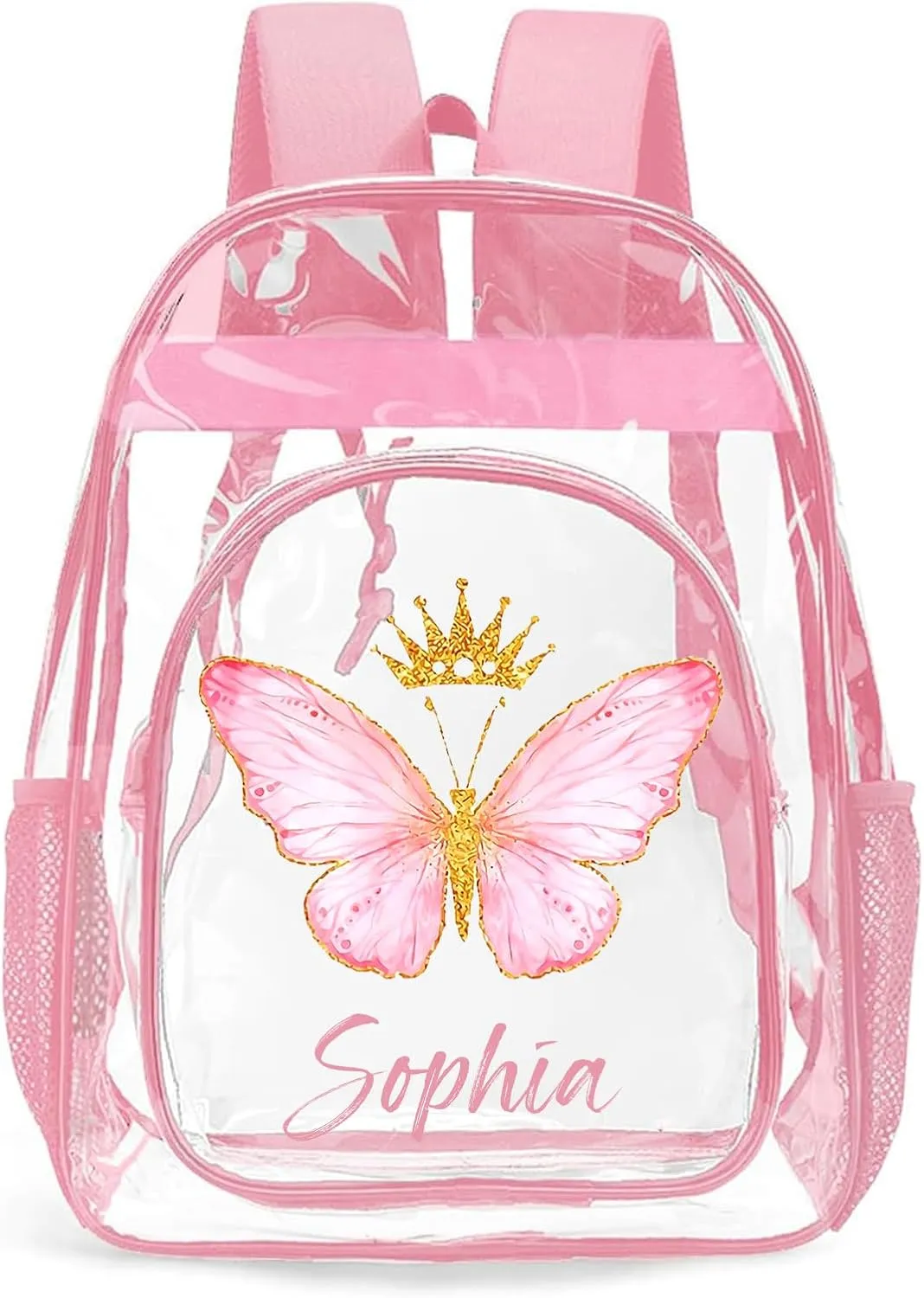 Personalized Clear Backpacks with Name, Custom Butterfly Clear Backpack for Women Men, with Reinforced Strap & Large Capacity PVC Transparent Waterproof Backpacks for Travel Camping Work