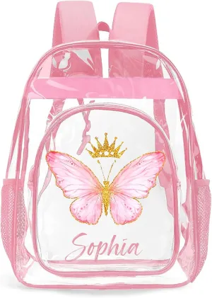 Personalized Clear Backpacks with Name, Custom Butterfly Clear Backpack for Women Men, with Reinforced Strap & Large Capacity PVC Transparent Waterproof Backpacks for Travel Camping Work