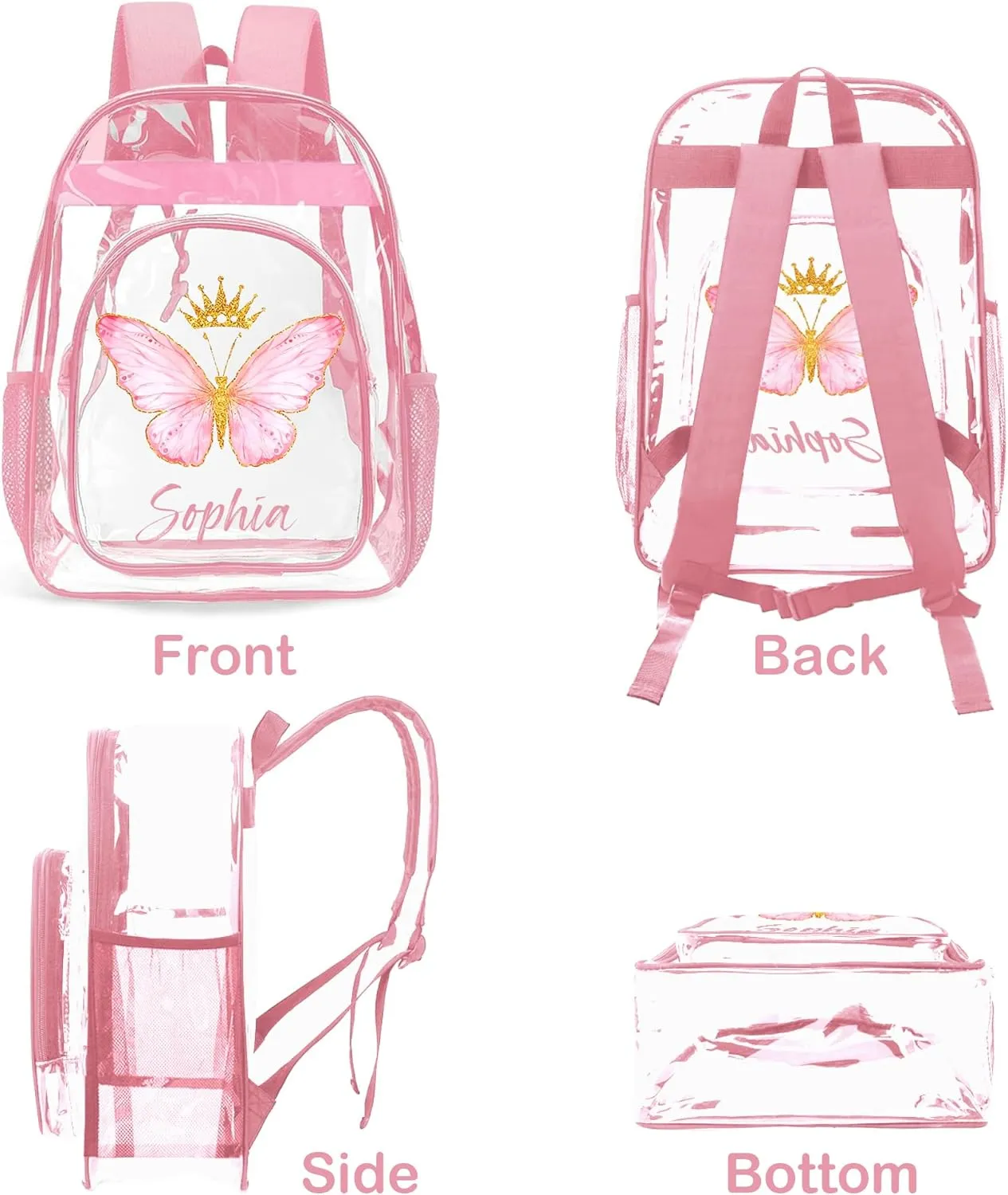 Personalized Clear Backpacks with Name, Custom Butterfly Clear Backpack for Women Men, with Reinforced Strap & Large Capacity PVC Transparent Waterproof Backpacks for Travel Camping Work