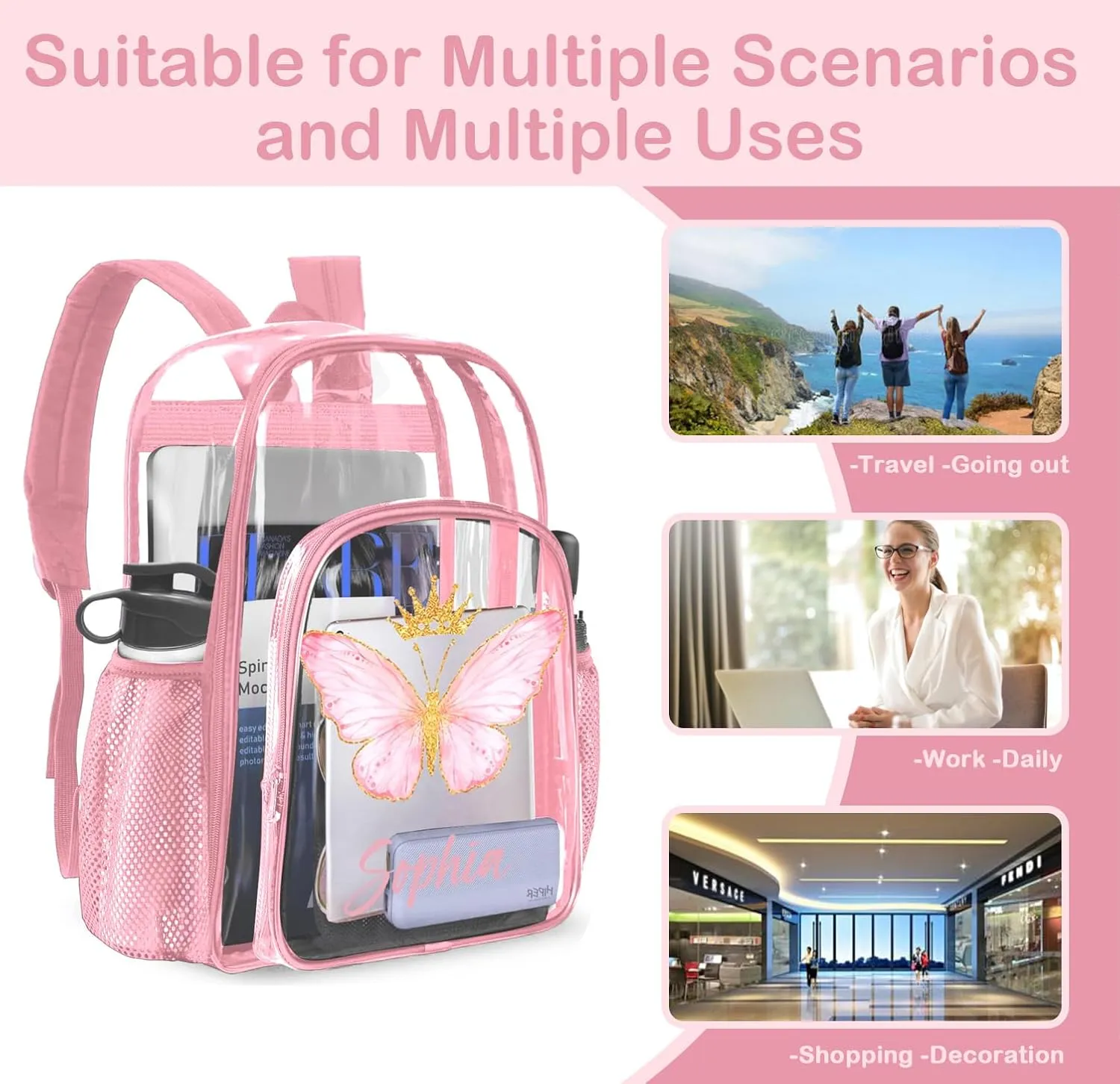 Personalized Clear Backpacks with Name, Custom Butterfly Clear Backpack for Women Men, with Reinforced Strap & Large Capacity PVC Transparent Waterproof Backpacks for Travel Camping Work