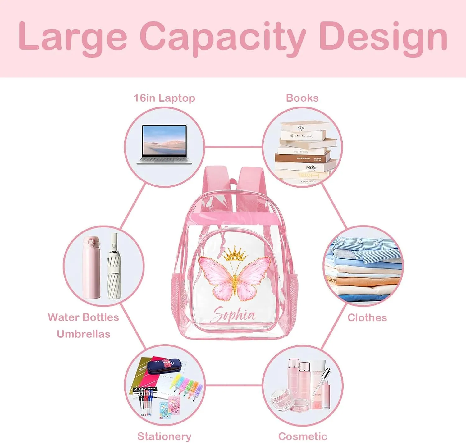 Personalized Clear Backpacks with Name, Custom Butterfly Clear Backpack for Women Men, with Reinforced Strap & Large Capacity PVC Transparent Waterproof Backpacks for Travel Camping Work