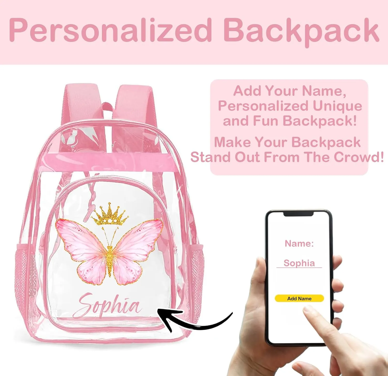 Personalized Clear Backpacks with Name, Custom Butterfly Clear Backpack for Women Men, with Reinforced Strap & Large Capacity PVC Transparent Waterproof Backpacks for Travel Camping Work