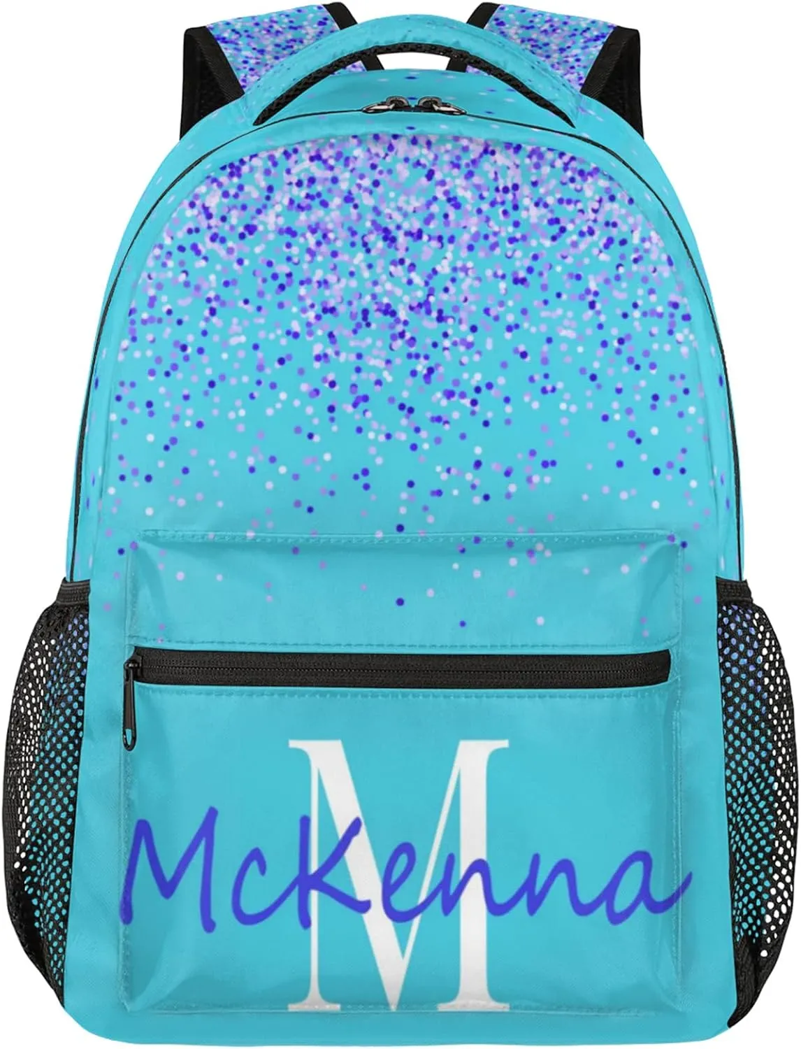Personalized Initial Letter Backpack for Adult Teens, Custom Sleepover Workout Large Backpacks Bag Royal Blue Sequins with Aqua Blue Background