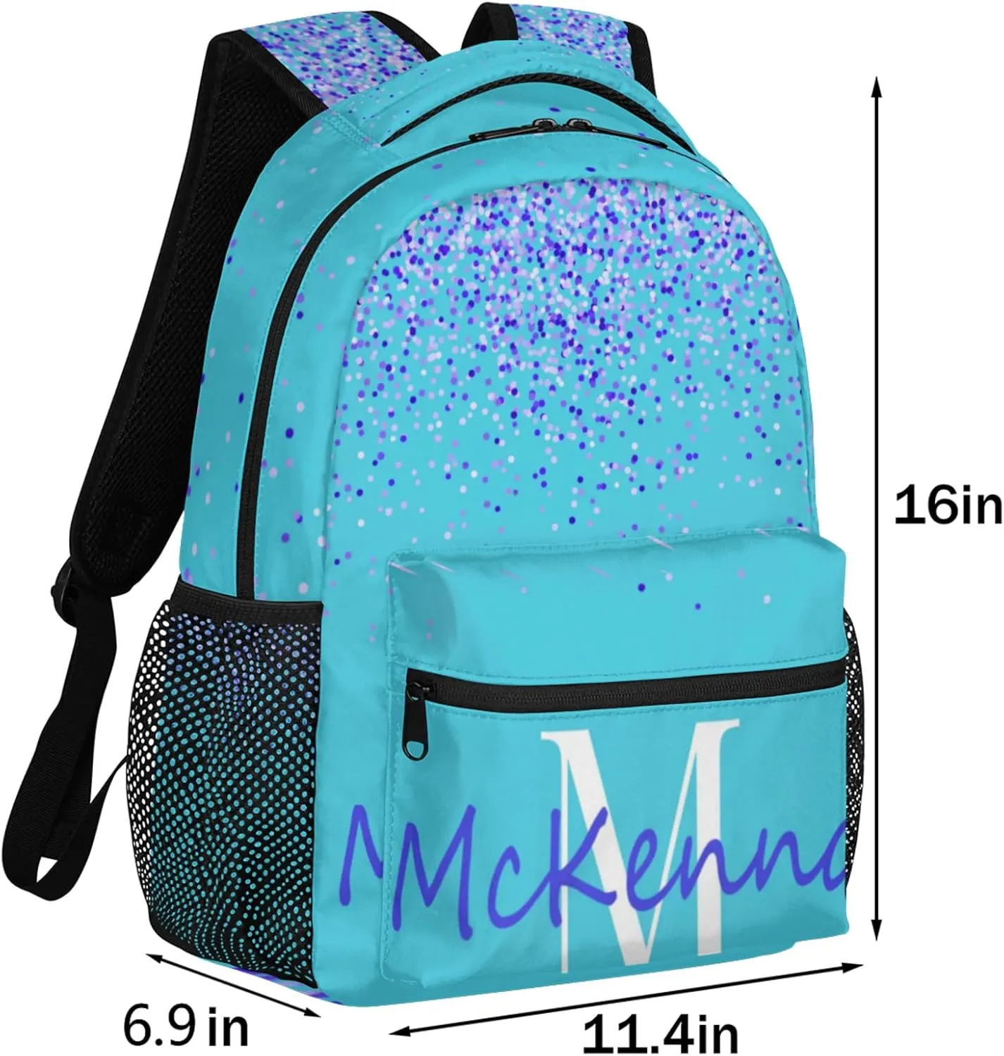 Personalized Initial Letter Backpack for Adult Teens, Custom Sleepover Workout Large Backpacks Bag Royal Blue Sequins with Aqua Blue Background