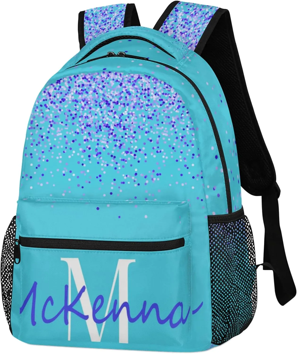Personalized Initial Letter Backpack for Adult Teens, Custom Sleepover Workout Large Backpacks Bag Royal Blue Sequins with Aqua Blue Background