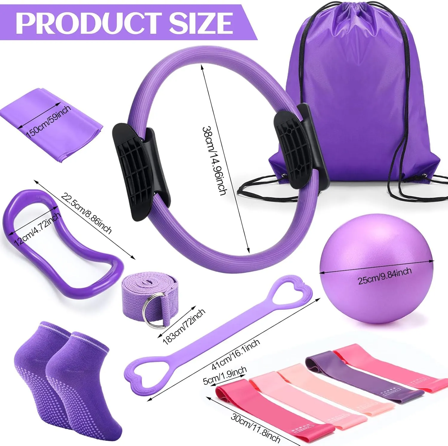 Pilates Ring Circle Set 18 Pcs Exercise Equipment Accessories for Women Workouts Pilates Ball Stretching Strap Magic Circle Yoga Ring Gym Back Bag Resistance Band Anti Slip Socks