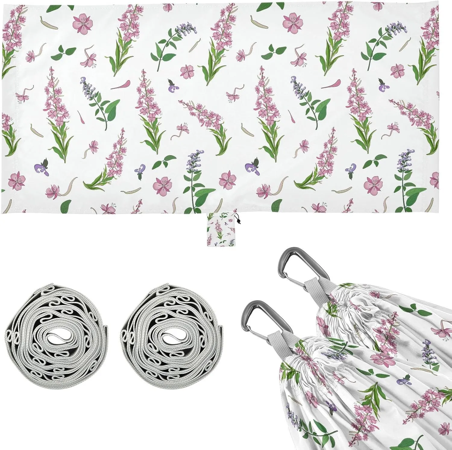Pink Sally Flowers and Basil Flowers Camping Hammock with Tree Straps, Portable Lightweight Parachute Hammocks Camping Accessories Gear for Indoor Outdoor Backpacking Travel Hiking Beach