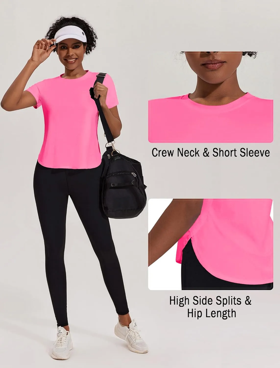 PINSPARK Workout Tops for Women UPF 50  Yoga Shirts Short Sleeve Athletic Tops with Side Slits Running Gym Tee Top Loose Fit