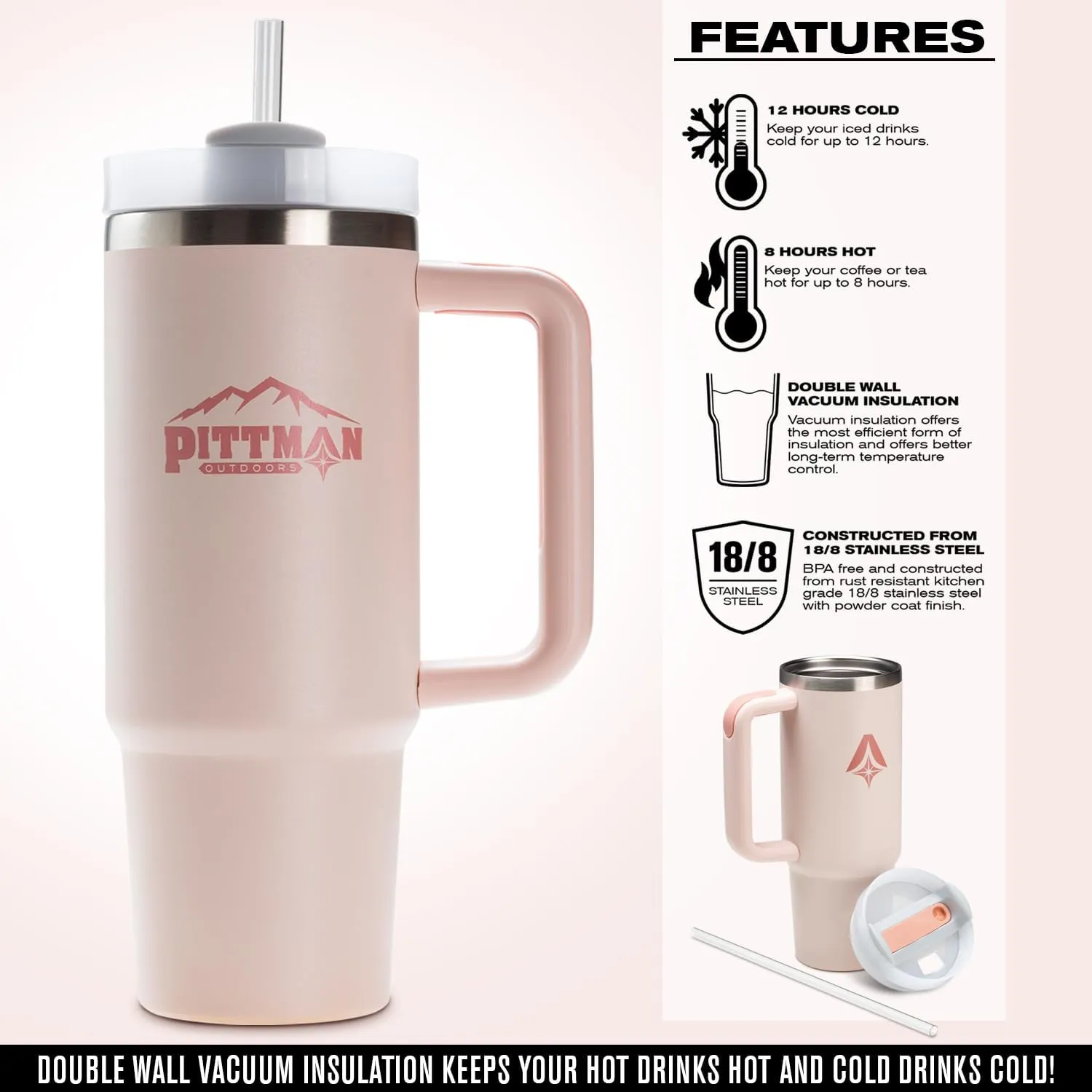 Pittman Outdoors 40oz. Hydration Tumbler with Comfort Soft Handle, Pink - Vacuum Insulated Travel Coffee and Drink Mug