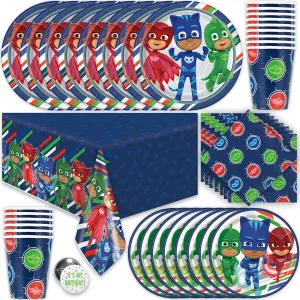 PJ Masks Birthday Party Supplies Set - Decorations, Table Cover, Plates, Cups, Napkins and Button for 16 Guests - Boys and Girls