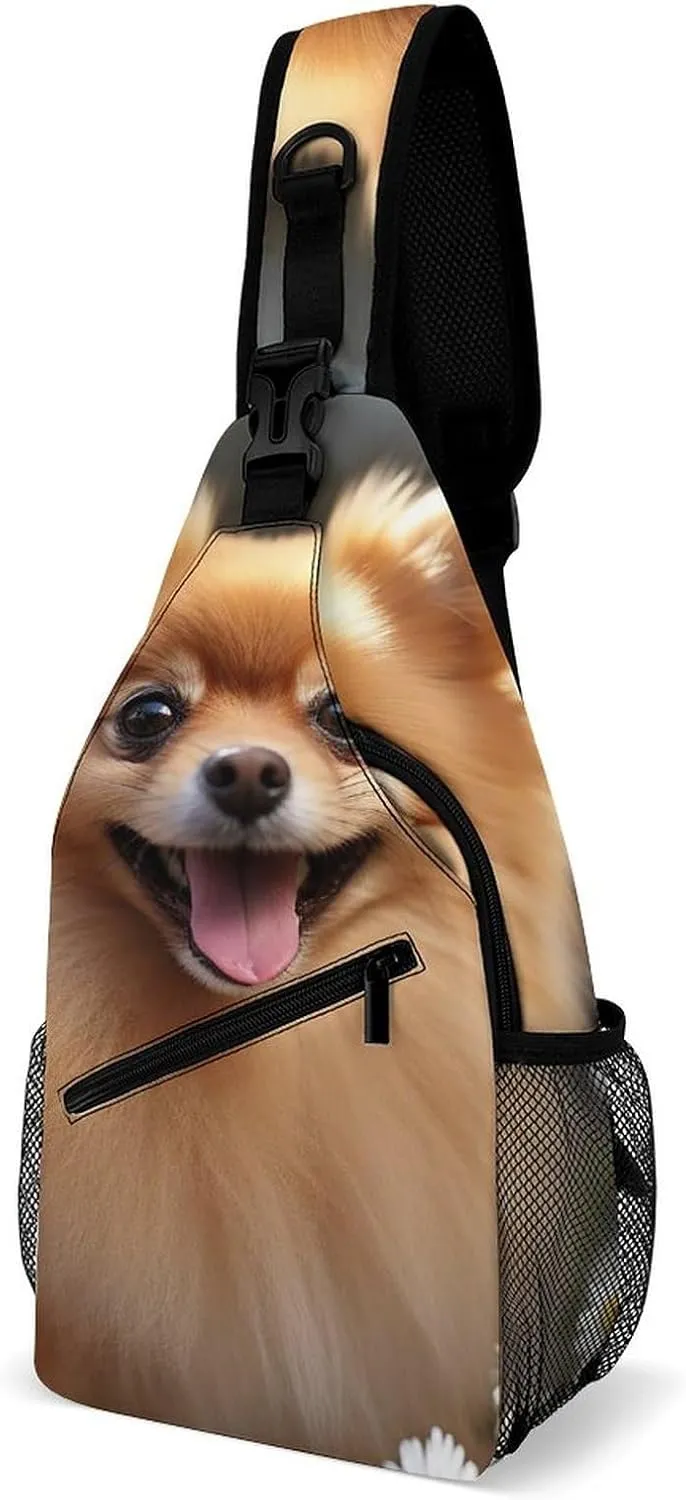 Pomeranian Dog Sling Bag with Rfid Blocking Causal Mens Crossbody Bag Lightweight Chest Pack Large Man Purse Travel Crossbody Backpack Shoulder Sling Backpack for Hiking Running Cycling