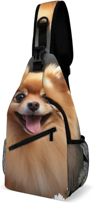 Pomeranian Dog Sling Bag with Rfid Blocking Causal Mens Crossbody Bag Lightweight Chest Pack Large Man Purse Travel Crossbody Backpack Shoulder Sling Backpack for Hiking Running Cycling