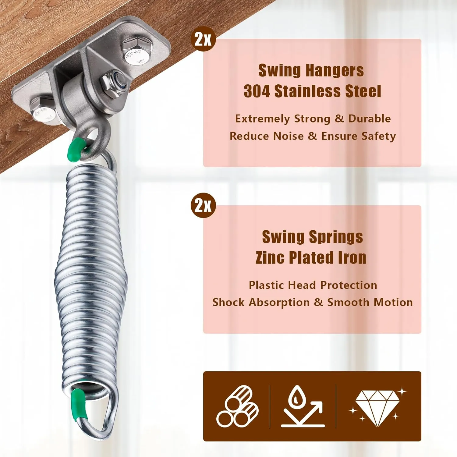 Porch Swing Hanging Kit, Heavy Duty 304 Stainless Steel Swing Hangers Set with Galvanized Iron Springs for Hammock Chairs or Ceiling Mount Porch or Patio Swings, Screws and Bolts Included
