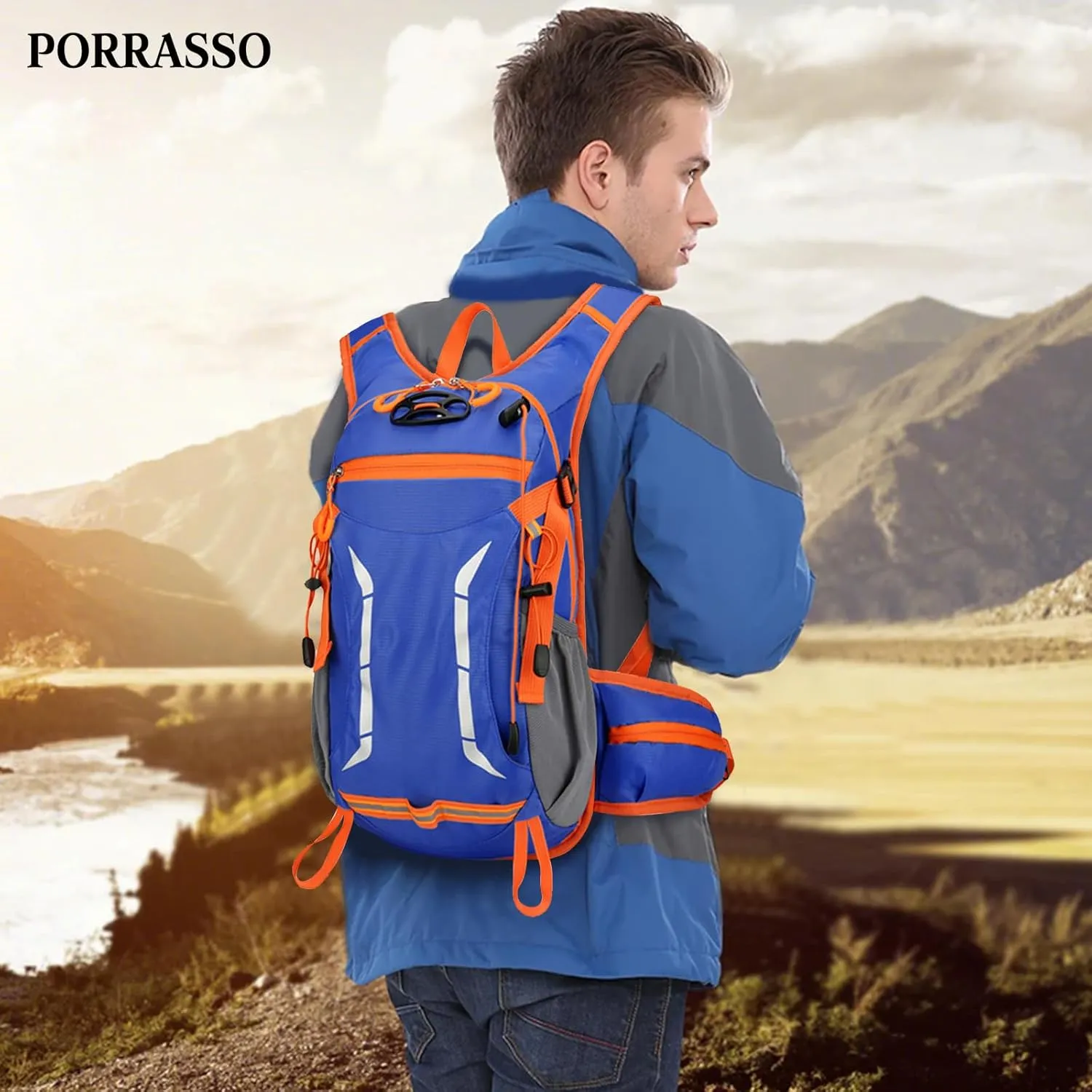 PORRASSO Hiking Backpack Waterproof Daypack 18L Rucksack Lightweight Backpack for Women Men Trekking Cycling Climbing Outdoor Sports Royal Blue