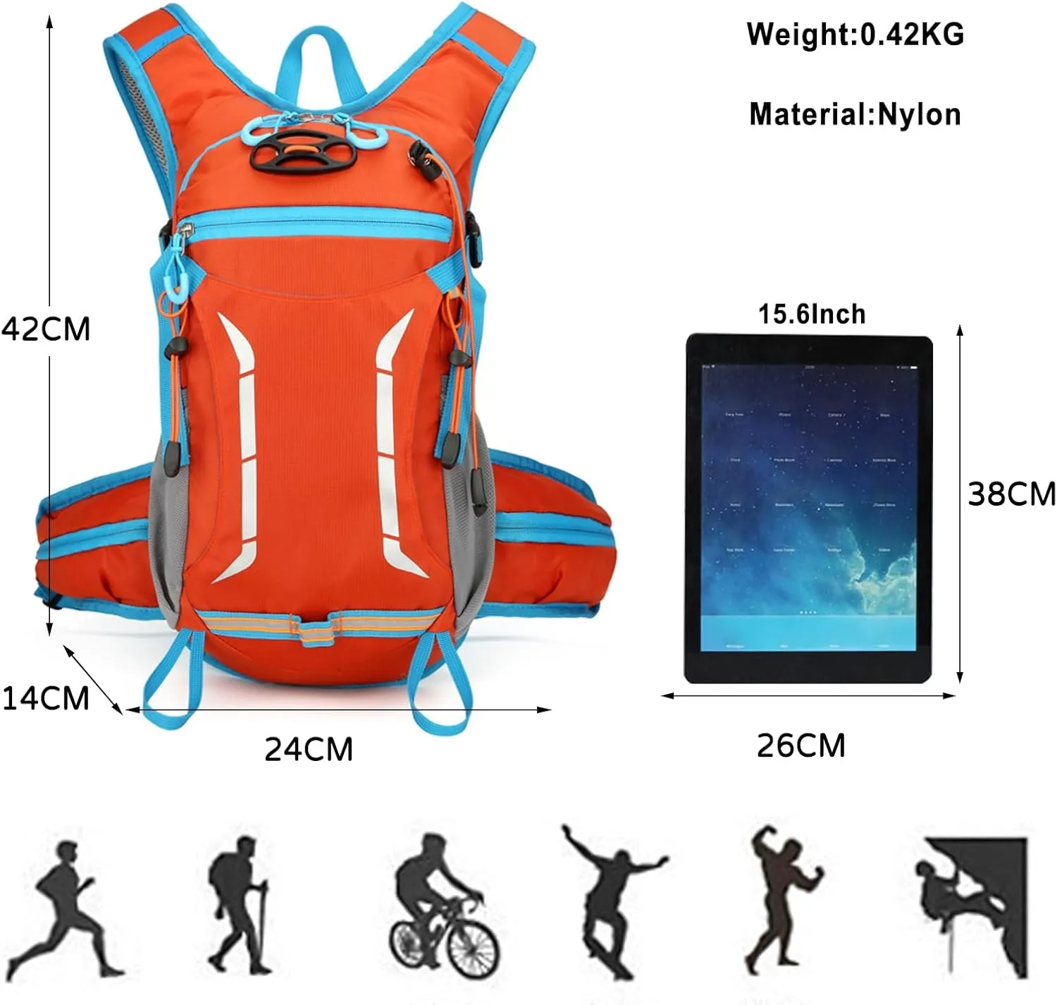 PORRASSO Hiking Backpack Waterproof Daypack 18L Rucksack Lightweight Breathable Backpack for Women Men Trekking Cycling Climbing Outdoor Sports Orange