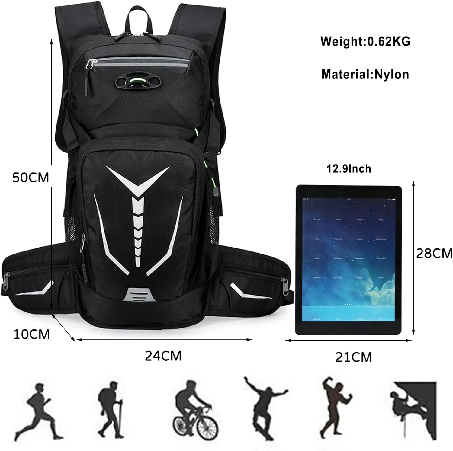 PORRASSO Hiking Backpack Waterproof Daypack 20L Rucksack Breathable Backpack for Women Men Trekking Cycling Climbing Outdoor Sports Black