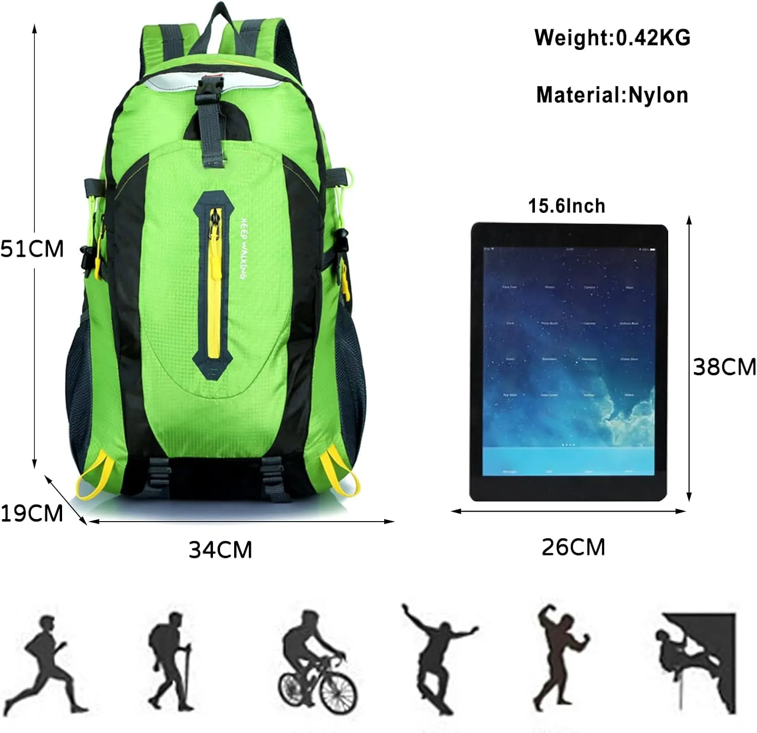 PORRASSO Hiking Backpack Waterproof Rucksack 25L Daypack Durable Backpack for Women Men Camping Climbing Travel Outdoor Sports Green