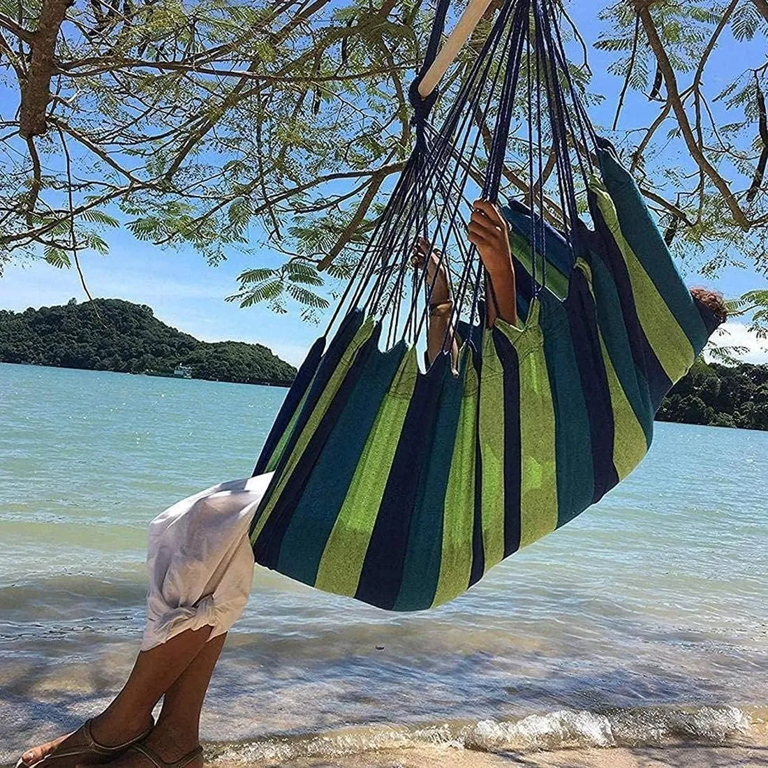 Portable Hammocks Outdoor Hammock Thicken Chair Hanging Portable Relaxation Canvas Swing Travel Camping Lazy Chair Hammock for Outdoor(Fresh Green B)
