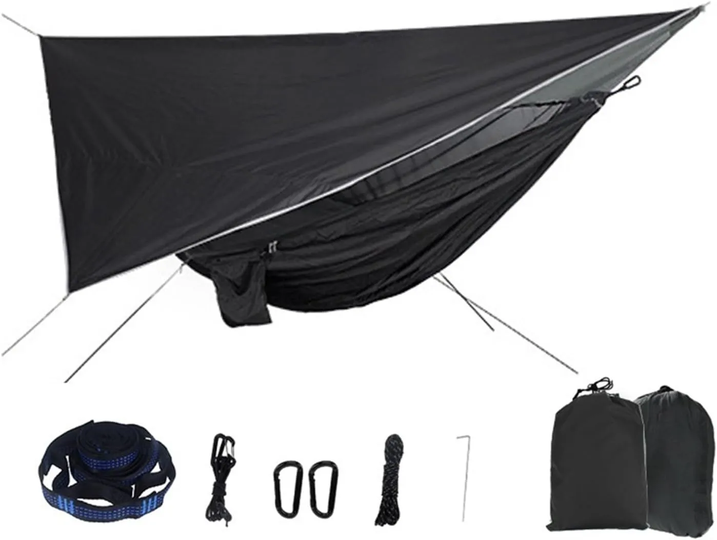 Portable Mosquito Net Nylon Camping Hammock with Waterproof Rain Fly Canopy Tarp for Outdoor Hanging Bed Sleeping for Terrace, Outdoor(Black)