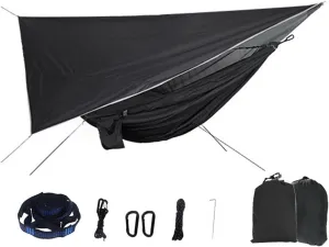 Portable Mosquito Net Nylon Camping Hammock with Waterproof Rain Fly Canopy Tarp for Outdoor Hanging Bed Sleeping for Terrace, Outdoor(Black)