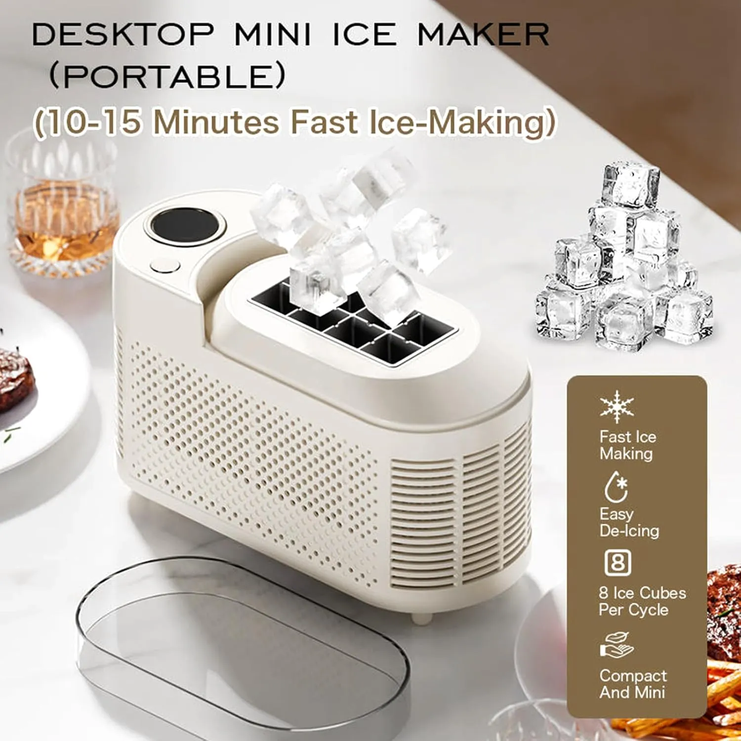 Portable Pellet Ice Maker Machine - 8 Cubes in 10 Mins, One-Touch Start & Top-Fill Water Tank, Ultra-Compact Design (Fits in Handbag) for Home, Office, Car, Travel & Outdoors (DC/AC),Beige