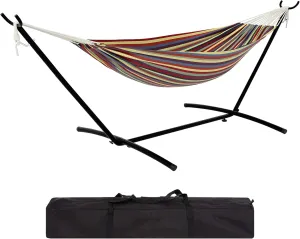 Premium 2-Person Hammock Set with Quick-Lock Steel Stand – Commercial-Grade Outdoor Lounger for Patio, Camping & Backyard (500lb Capacity   Waterproof Carry Bag), Yellow Rainbow Stripes