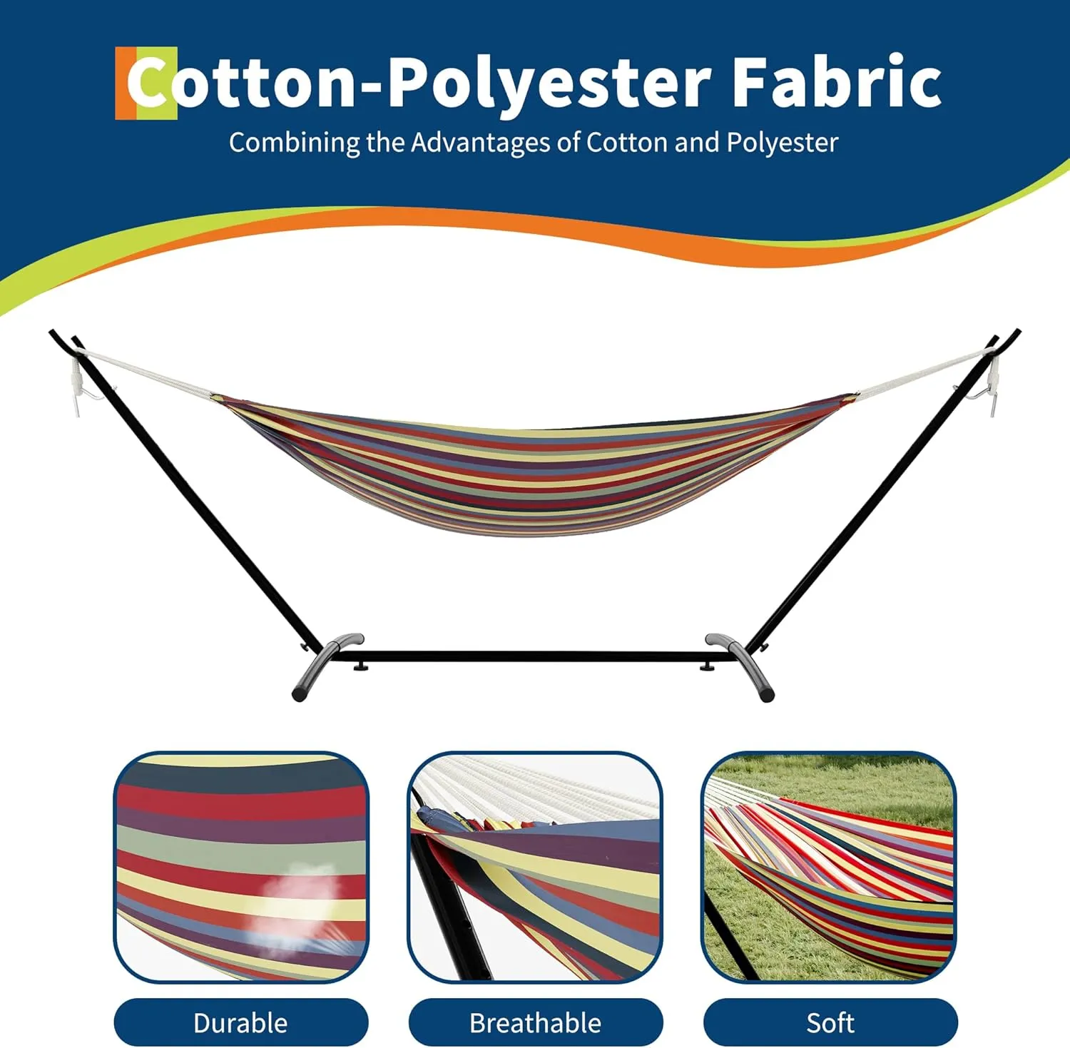 Premium 2-Person Hammock Set with Quick-Lock Steel Stand – Commercial-Grade Outdoor Lounger for Patio, Camping & Backyard (500lb Capacity   Waterproof Carry Bag), Yellow Rainbow Stripes