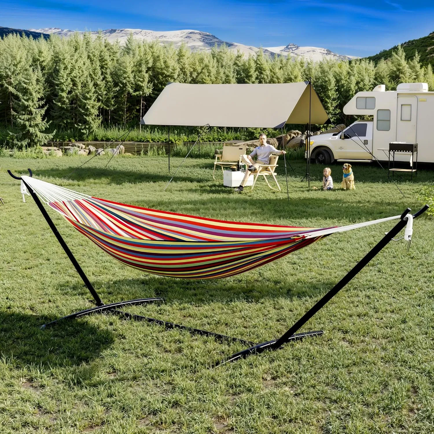 Premium 2-Person Hammock Set with Quick-Lock Steel Stand – Commercial-Grade Outdoor Lounger for Patio, Camping & Backyard (500lb Capacity   Waterproof Carry Bag), Yellow Rainbow Stripes