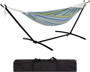 Premium 2-Person Hammock Set with Quick-Lock Steel Stand – Commercial-Grade Outdoor Lounger for Patio, Camping & Backyard (500lb Capacity   Waterproof Carry Bag),Blue and Green Stripes