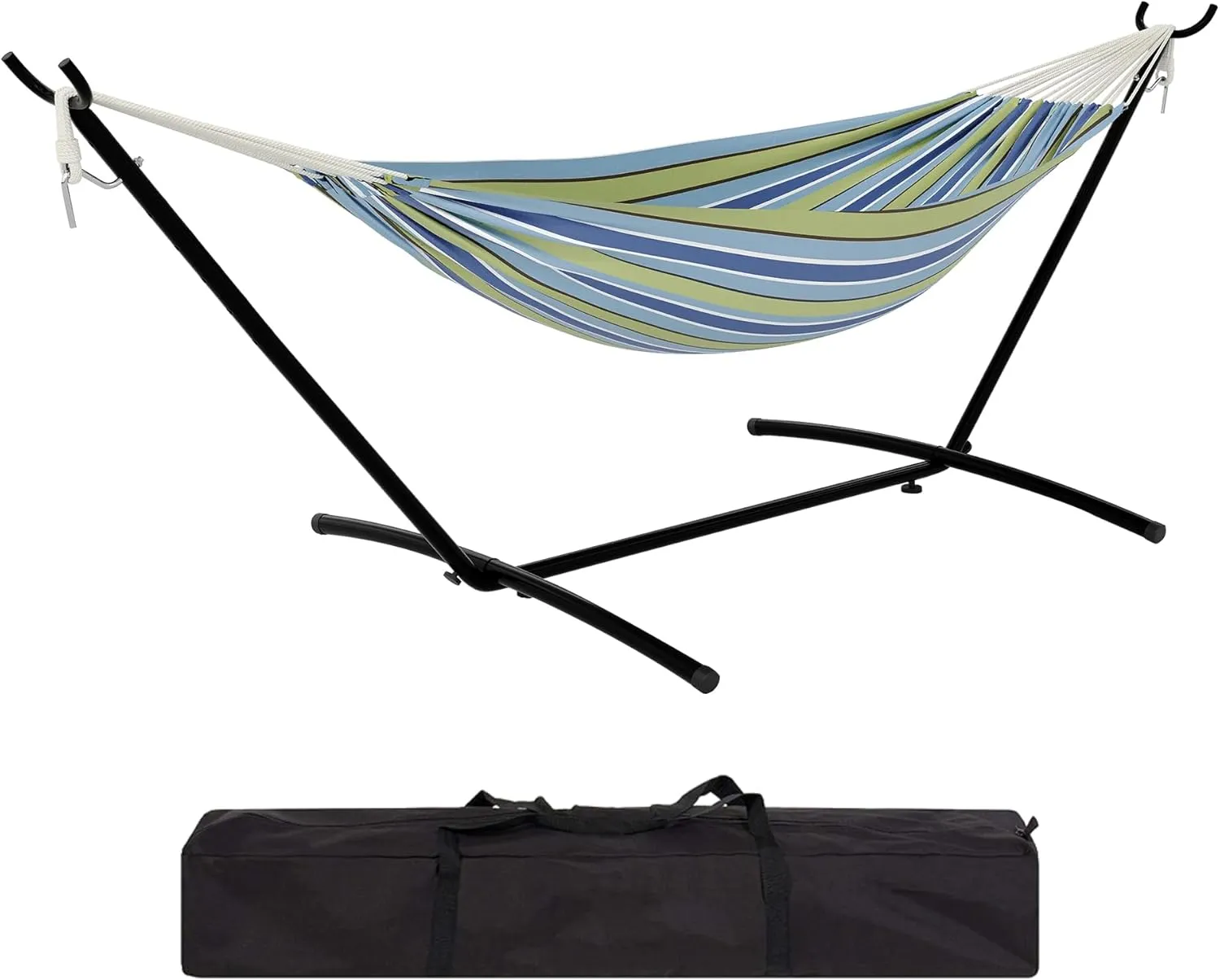 Premium 2-Person Hammock Set with Quick-Lock Steel Stand – Commercial-Grade Outdoor Lounger for Patio, Camping & Backyard (500lb Capacity   Waterproof Carry Bag),Blue and Green Stripes
