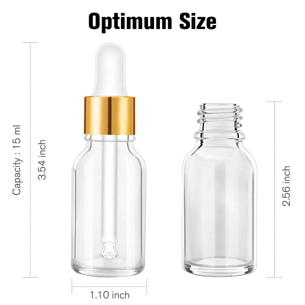 PrettyCare Eye Dropper Bottle 0.5 oz (24 Pack Clear Glass Bottles 15ml with Golden Caps, 2 Extra Measured Pipettes, 48 Labels, 2 Funnels) Empty Tincture Bottles for Essential Oils