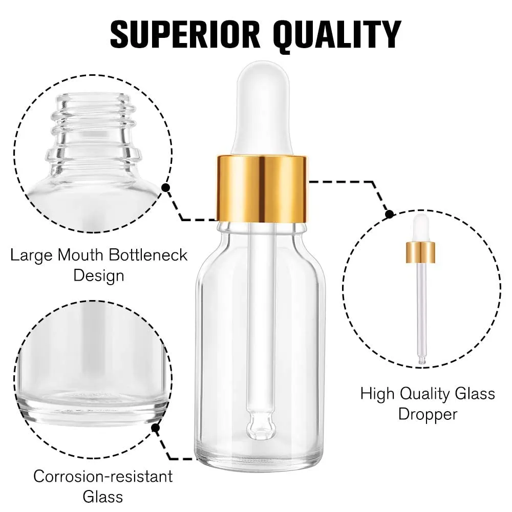PrettyCare Eye Dropper Bottle 0.5 oz (24 Pack Clear Glass Bottles 15ml with Golden Caps, 2 Extra Measured Pipettes, 48 Labels, 2 Funnels) Empty Tincture Bottles for Essential Oils