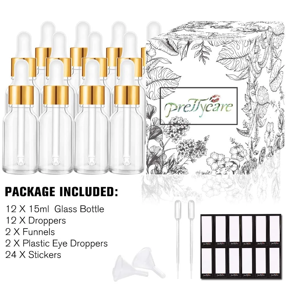 PrettyCare Eye Dropper Bottle 0.5 oz (24 Pack Clear Glass Bottles 15ml with Golden Caps, 2 Extra Measured Pipettes, 48 Labels, 2 Funnels) Empty Tincture Bottles for Essential Oils