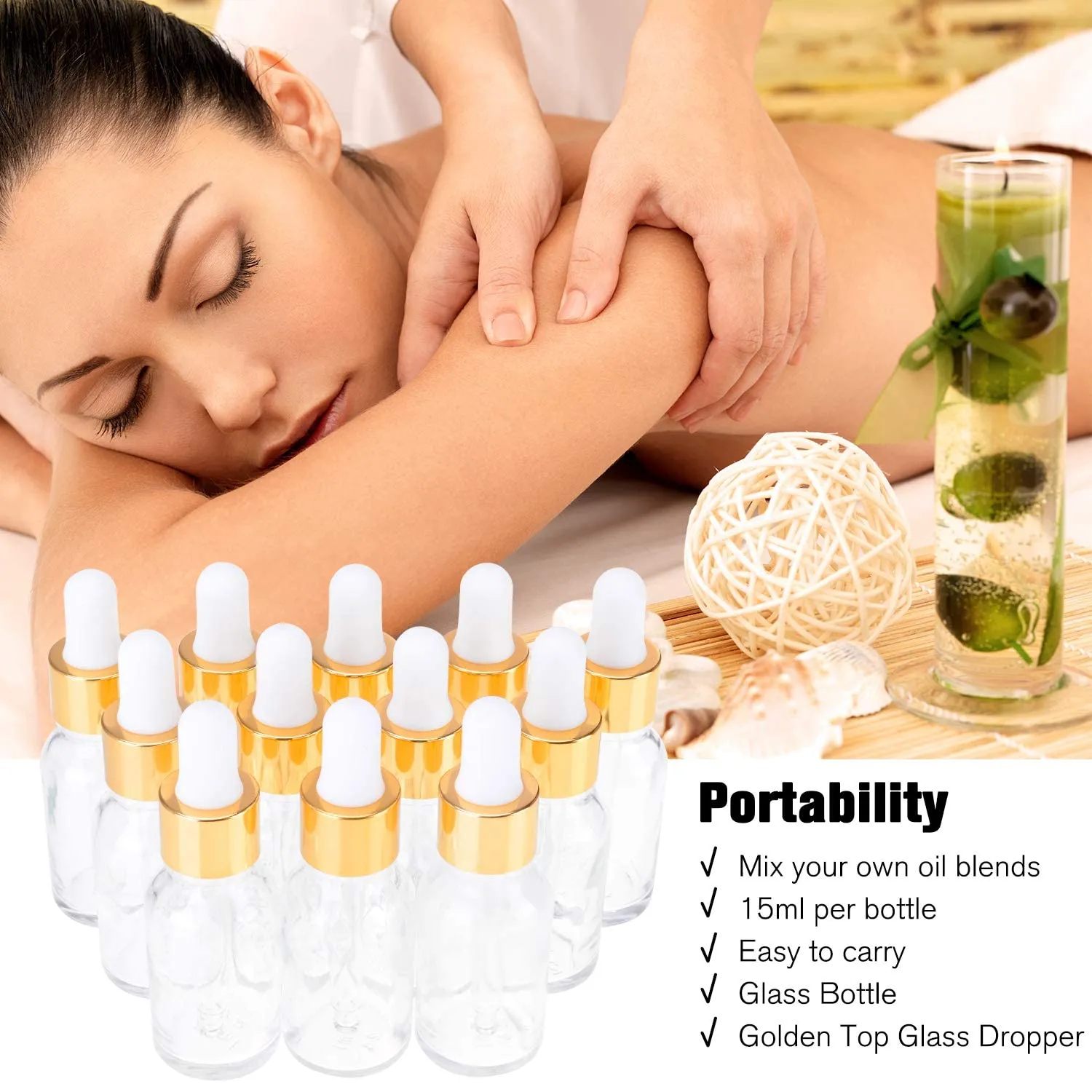 PrettyCare Eye Dropper Bottle 0.5 oz (24 Pack Clear Glass Bottles 15ml with Golden Caps, 2 Extra Measured Pipettes, 48 Labels, 2 Funnels) Empty Tincture Bottles for Essential Oils