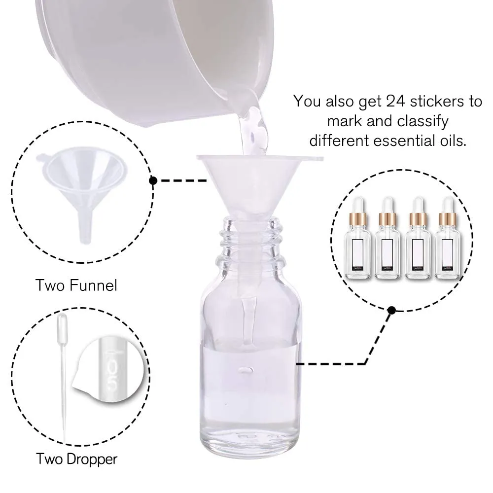PrettyCare Eye Dropper Bottle 0.5 oz (24 Pack Clear Glass Bottles 15ml with Golden Caps, 2 Extra Measured Pipettes, 48 Labels, 2 Funnels) Empty Tincture Bottles for Essential Oils
