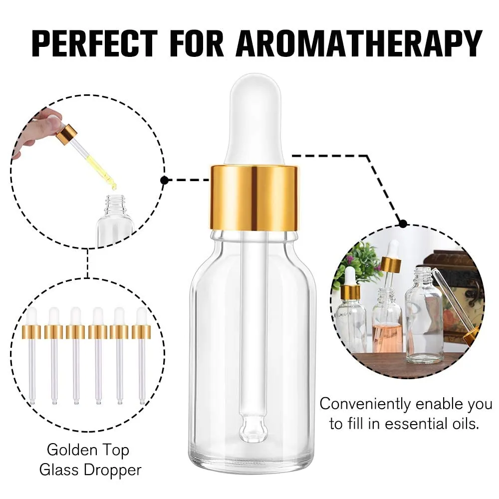 PrettyCare Eye Dropper Bottle 0.5 oz (24 Pack Clear Glass Bottles 15ml with Golden Caps, 2 Extra Measured Pipettes, 48 Labels, 2 Funnels) Empty Tincture Bottles for Essential Oils