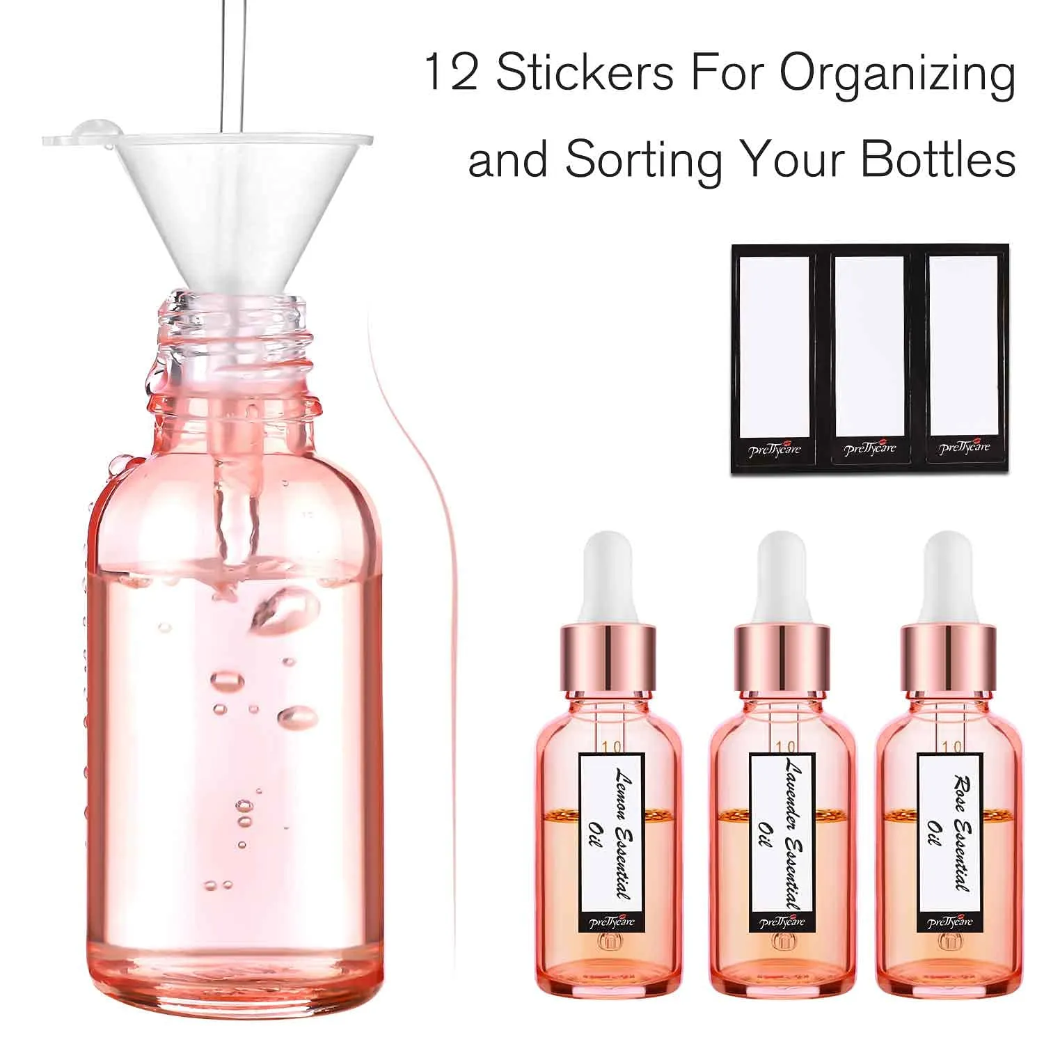 PrettyCare Glass Dropper bottle 2 oz (12 Pack Rose Eye Dropper Bottle 60 ml with Measured Pipettes, Golden Caps, Labels, Funnel) for Essential Oils, Beard Oil, Body Oil