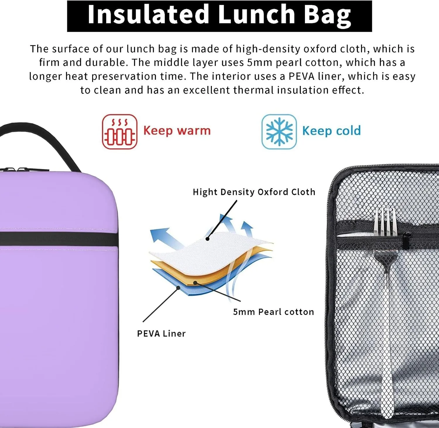 Purple Insulated Lunch Bags Lunch Box for Teens Men Women Adult Premium Thermal Tote Cooler with Side Pockets