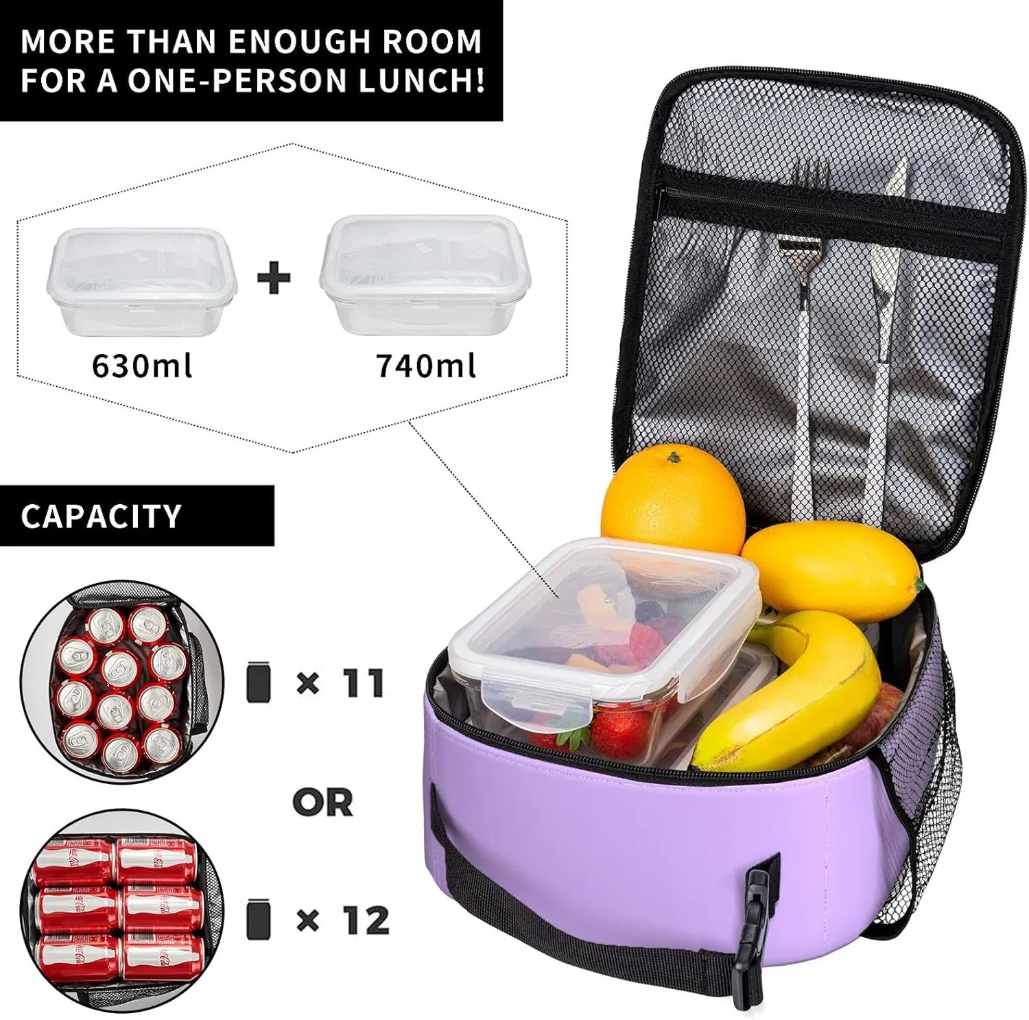 Purple Insulated Lunch Bags Lunch Box for Teens Men Women Adult Premium Thermal Tote Cooler with Side Pockets