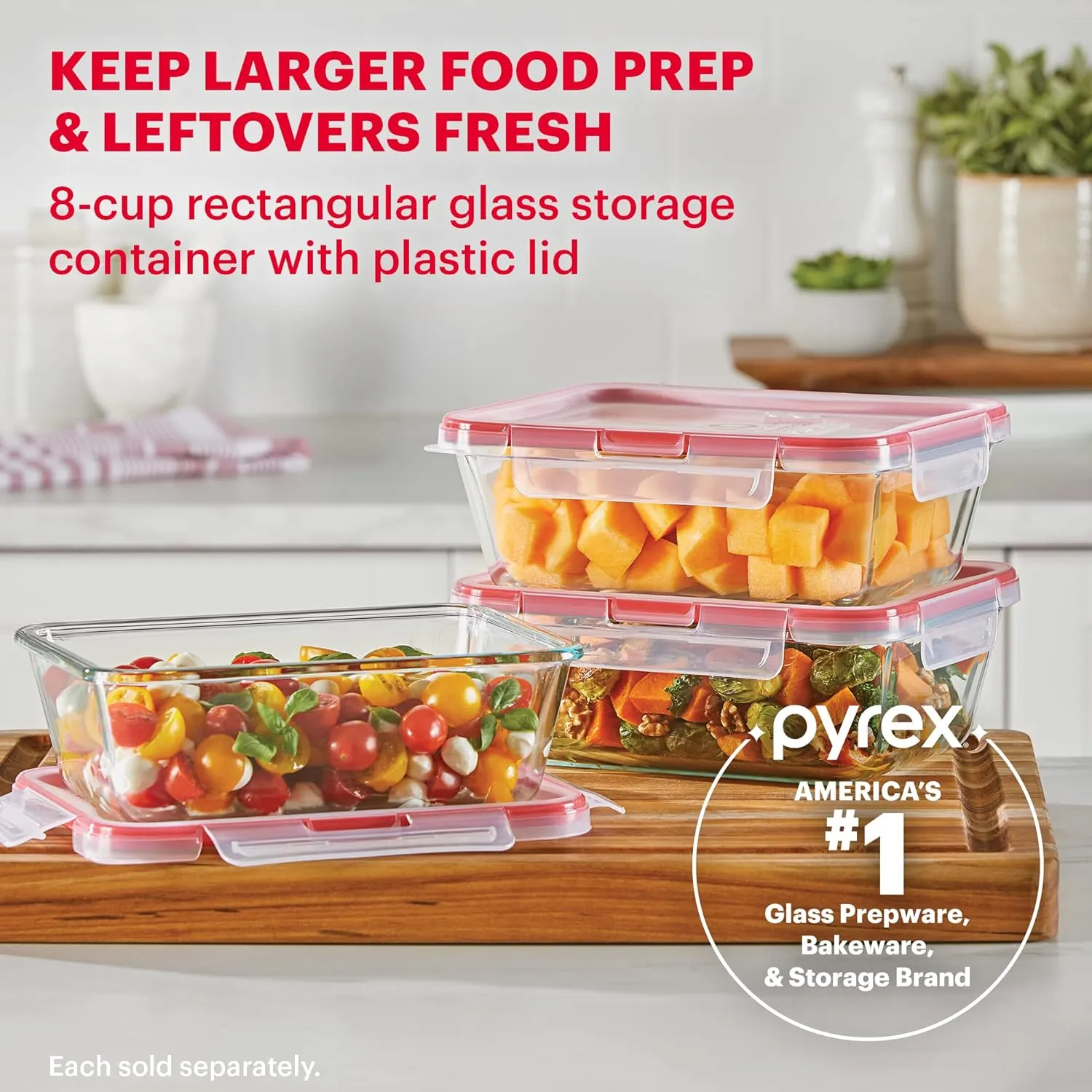 Pyrex Freshlock Glass Food Storage Container, Airtight & Leakproof Locking Lids, Freezer Dishwasher Microwave Safe, 8 Cup