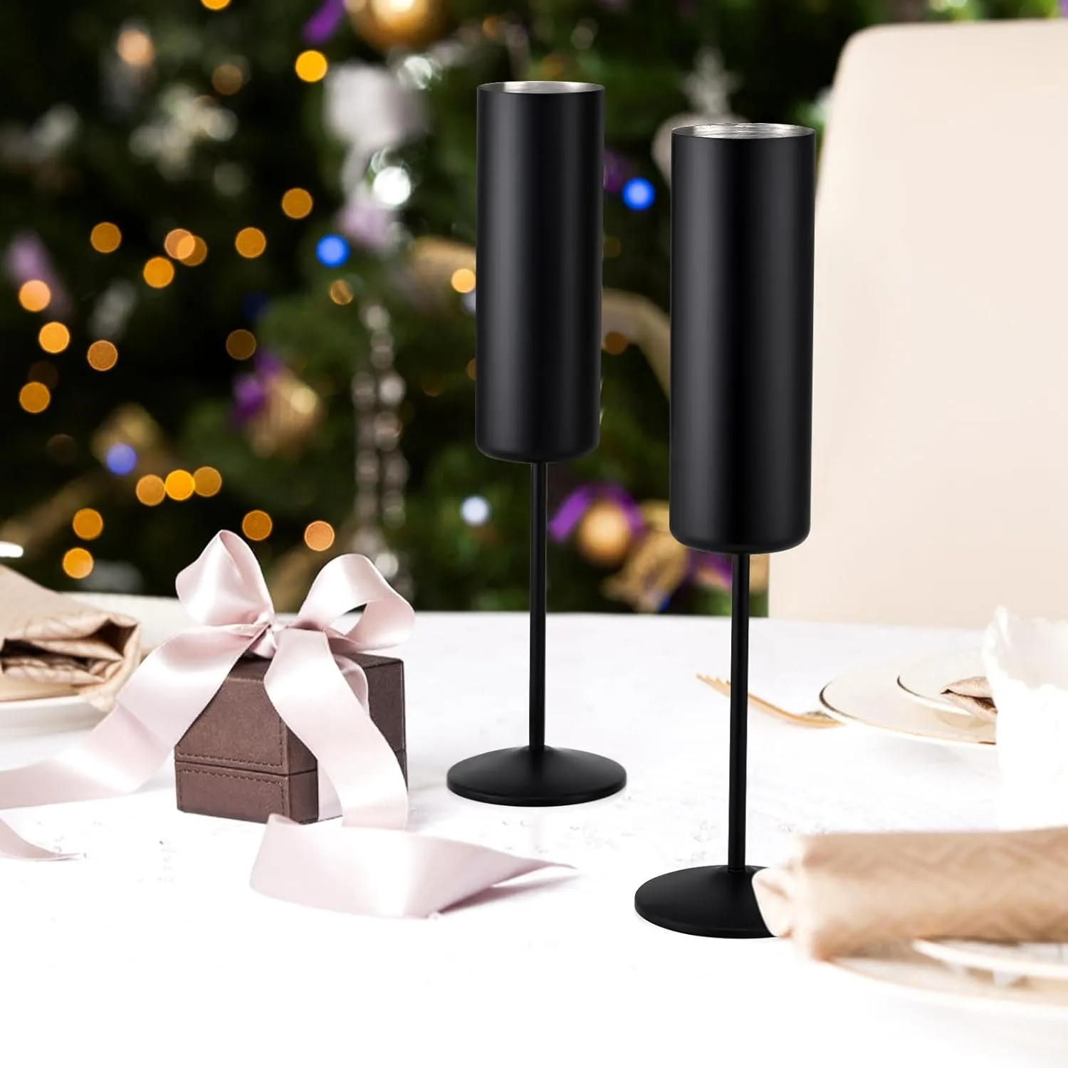 Qtencas 2 Pack Insulated Stainless Steel Champagne Glasses, Champagne Flutes Set of 2, 6oz Unbreakable Reusable Stemmed Champagne Glasses for Party Birthday Christmas Wedding Anniversary, Black