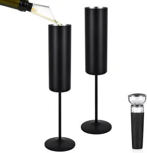 Qtencas 2 Pack Insulated Stainless Steel Champagne Glasses, Champagne Flutes Set of 2, 6oz Unbreakable Reusable Stemmed Champagne Glasses for Party Birthday Christmas Wedding Anniversary, Black