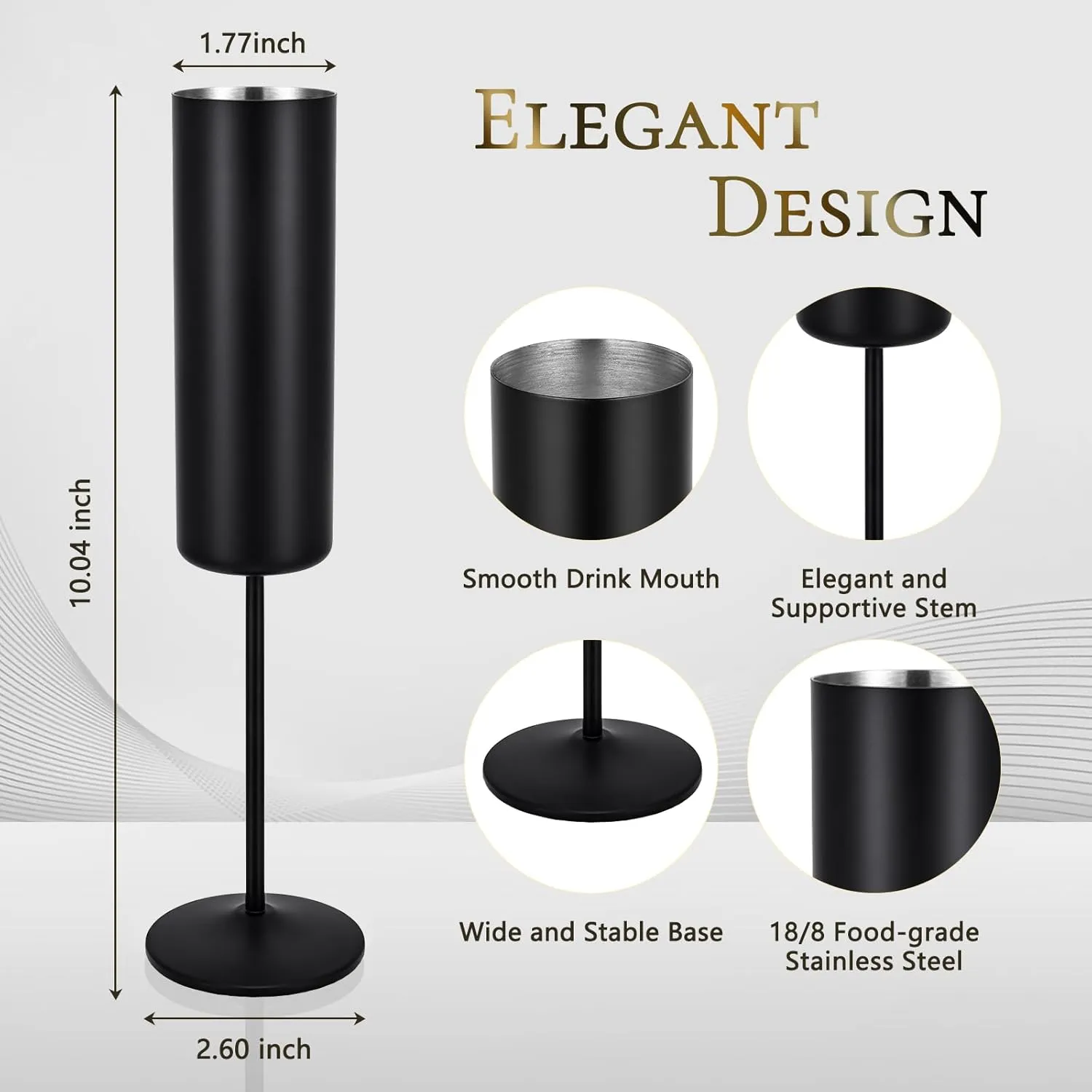 Qtencas 2 Pack Insulated Stainless Steel Champagne Glasses, Champagne Flutes Set of 2, 6oz Unbreakable Reusable Stemmed Champagne Glasses for Party Birthday Christmas Wedding Anniversary, Black