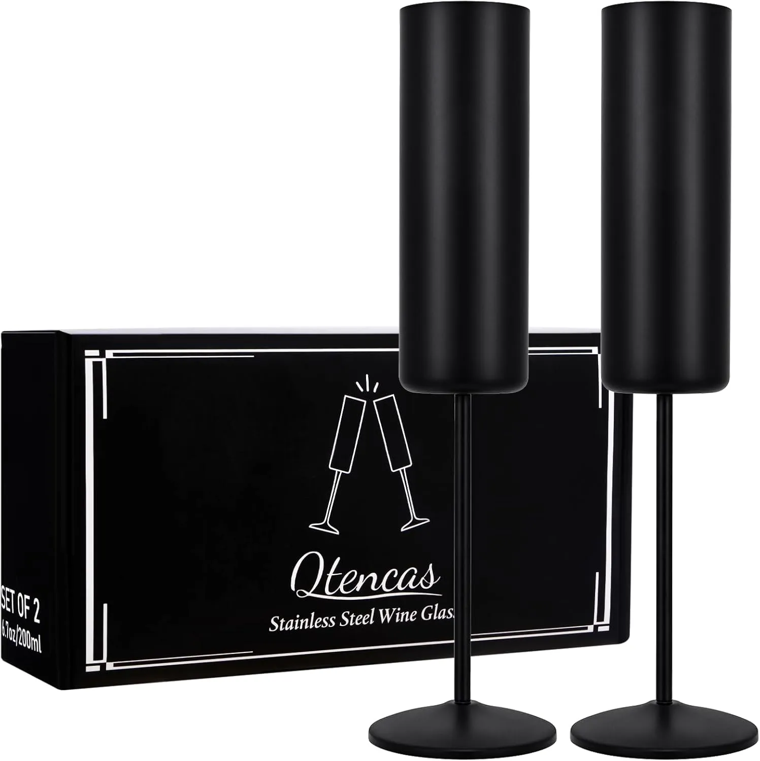 Qtencas 2 Pack Insulated Stainless Steel Champagne Glasses, Champagne Flutes Set of 2, 6oz Unbreakable Reusable Stemmed Champagne Glasses for Party Birthday Christmas Wedding Anniversary, Black