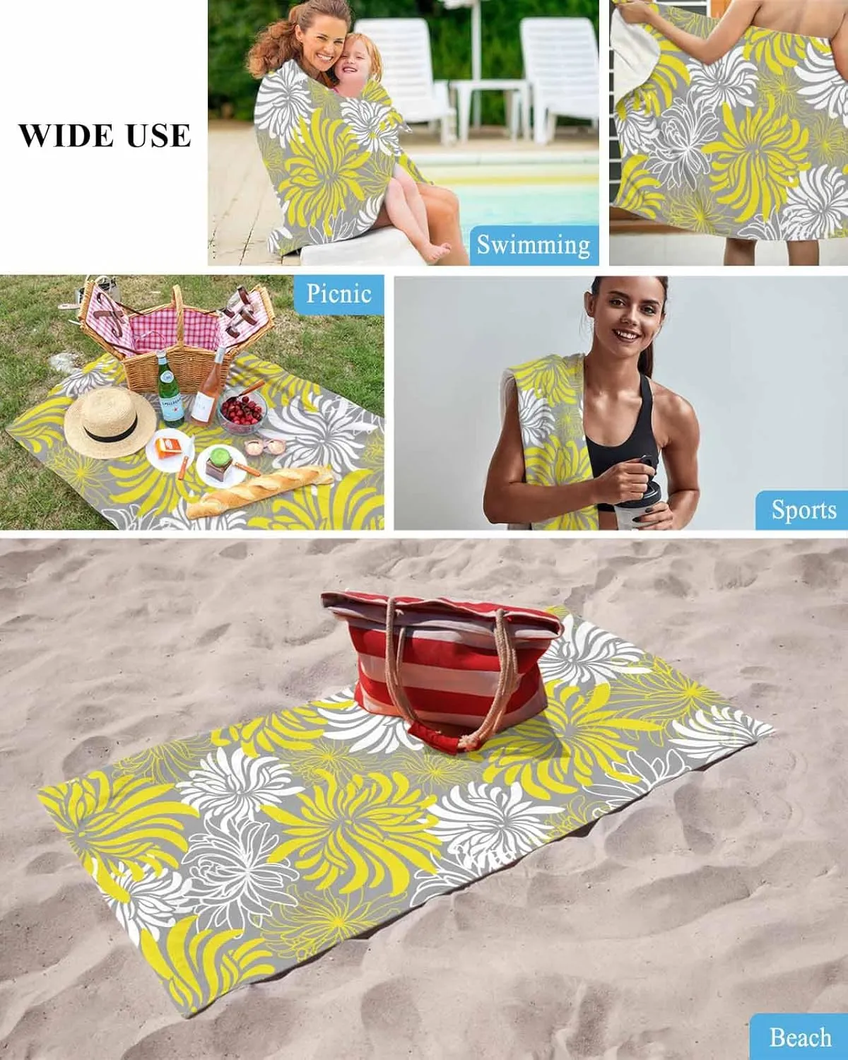 Quick-Drying Microfiber Beach Towel, Chrysanthemum Soft Absorbent Bath Shower Towels, Flower Yellow Grey White Lightweight Portable Towel/Blanket for Travel/Swimming Pool/Camping/Yoga/Gym，35x70 Inch