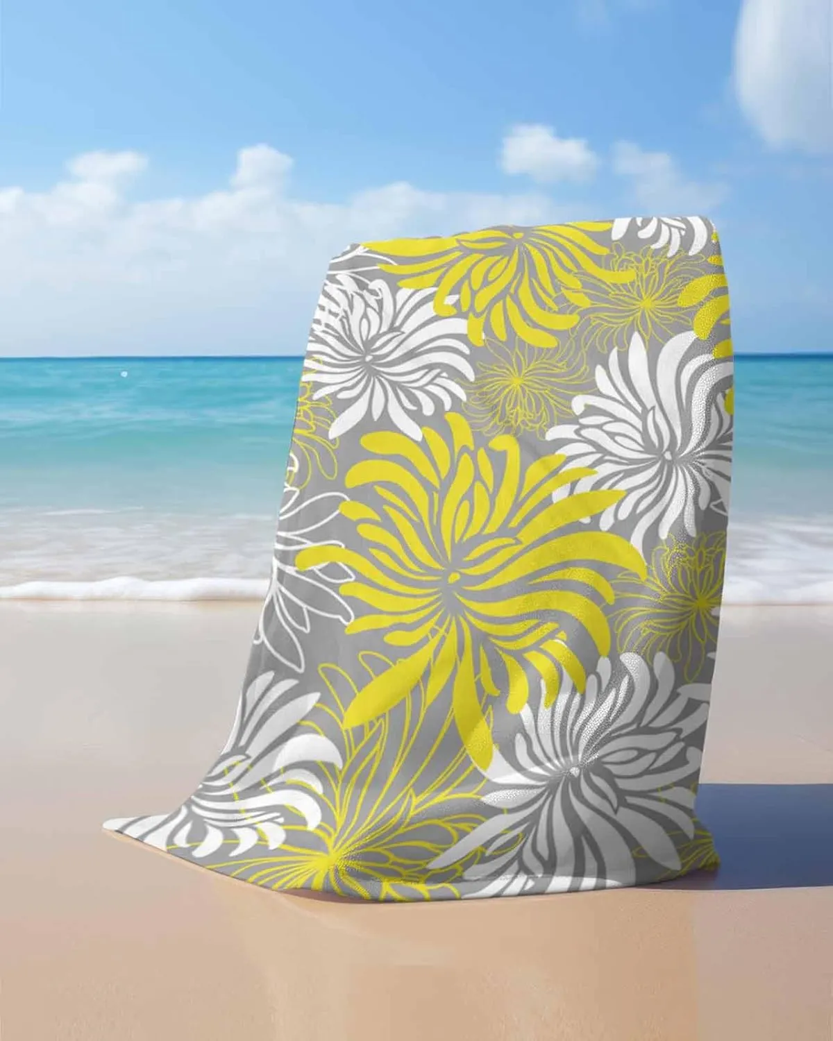 Quick-Drying Microfiber Beach Towel, Chrysanthemum Soft Absorbent Bath Shower Towels, Flower Yellow Grey White Lightweight Portable Towel/Blanket for Travel/Swimming Pool/Camping/Yoga/Gym，35x70 Inch